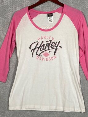 Harley Davidson Women’s L  Pink Raglan Tee Pig Trail Rogers Arkansas Graphic Tee